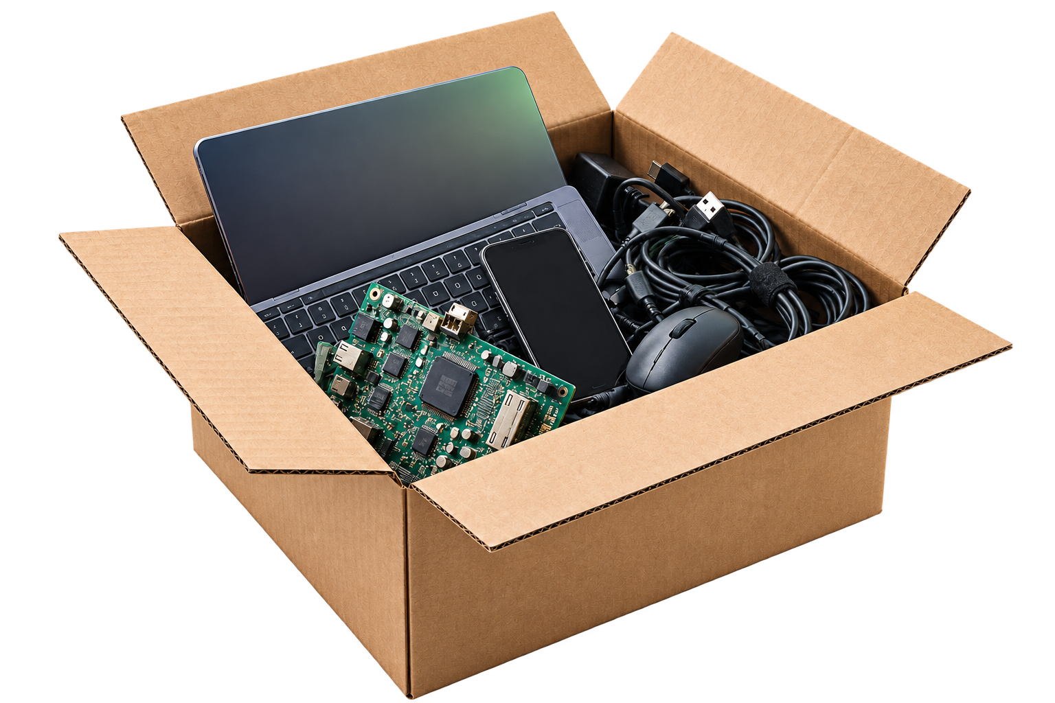 Caja con equipos electrónicos preparada para reciclaje